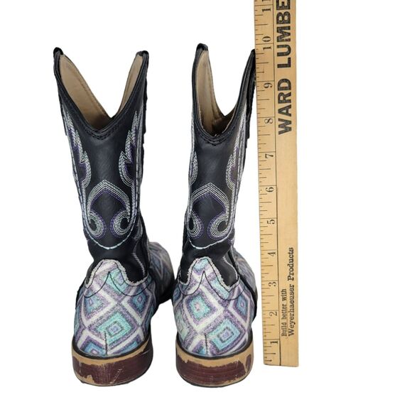 Roper Western Boots Girls Size 2 Black Purple Square Toe Bling Cowgirl Pull On - Picture 4 of 9